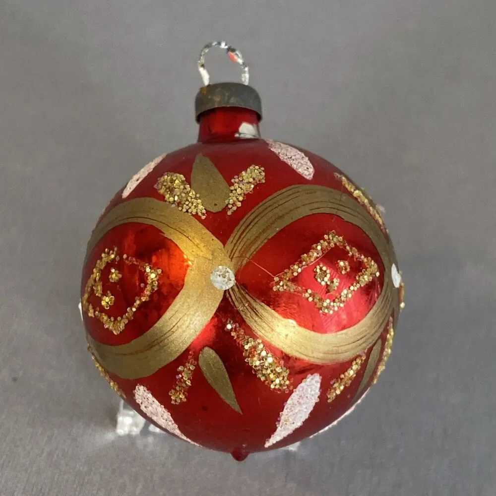 Vintage Christmas Red Gold Glass Ball Ornaments Hand Painted Glitter Holiday